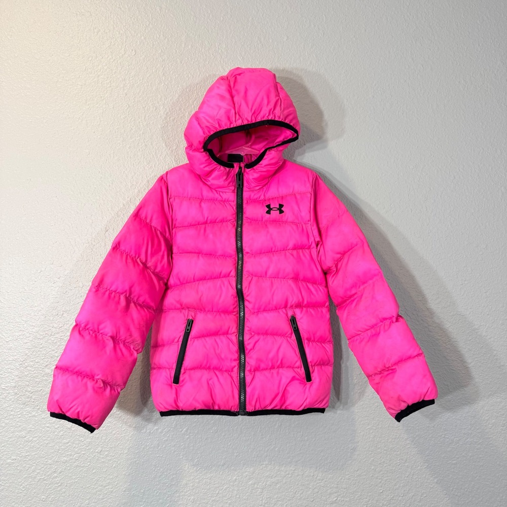 Under Armour Girl's Size 6X Pink Hooded Full Zip Puffer Jacket 25UJFG M25R